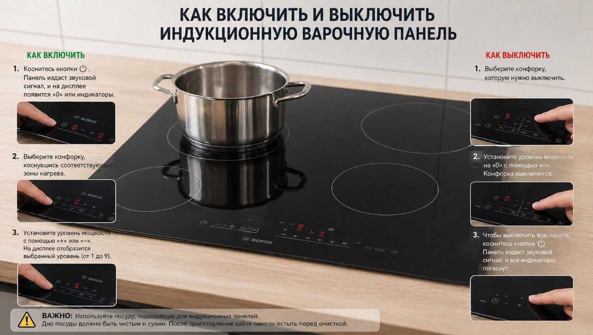 Как включить и выключить индукционную варочную панель Как включить и выключить индукционную варочную панель