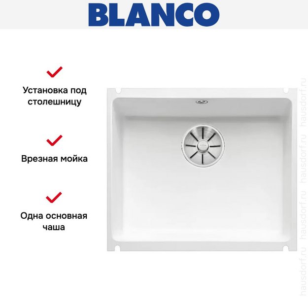 Мойка Blanco SUBLINE 500-U керамика отводная арматура InFino® глянцевый белый (фото 4) Мойка Blanco SUBLINE 500-U керамика отводная арматура InFino® глянцевый белый (preview 4)